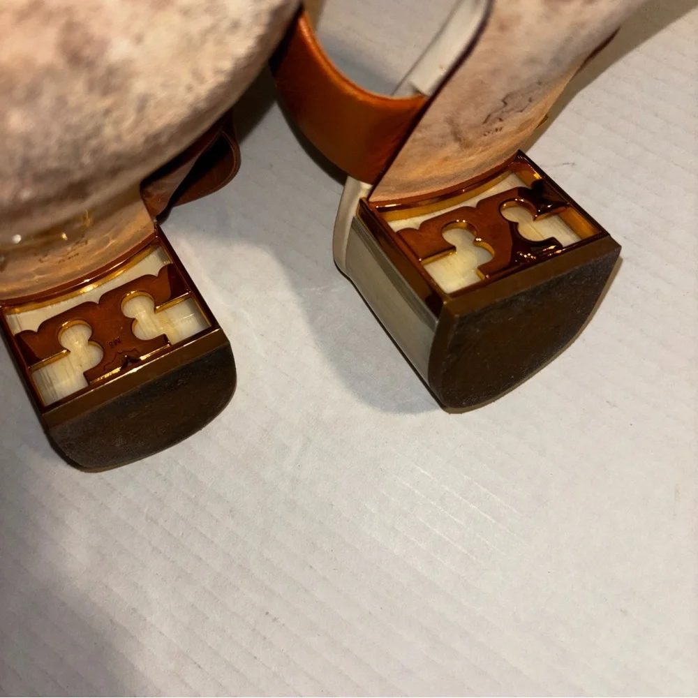 Tory Burch Two-Tone Tan and Orange Block Heel Sandals